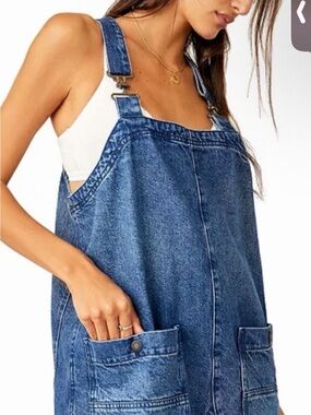 We The Free Blue Denim Sleeveless Overall Jumpsuit